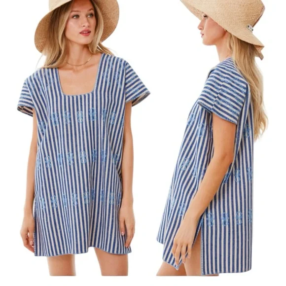 Tuckernuck Blue Stripe Mini Sullivan Embroidered Canvas Caftan Cover Up Size M - Picture 1 of 8